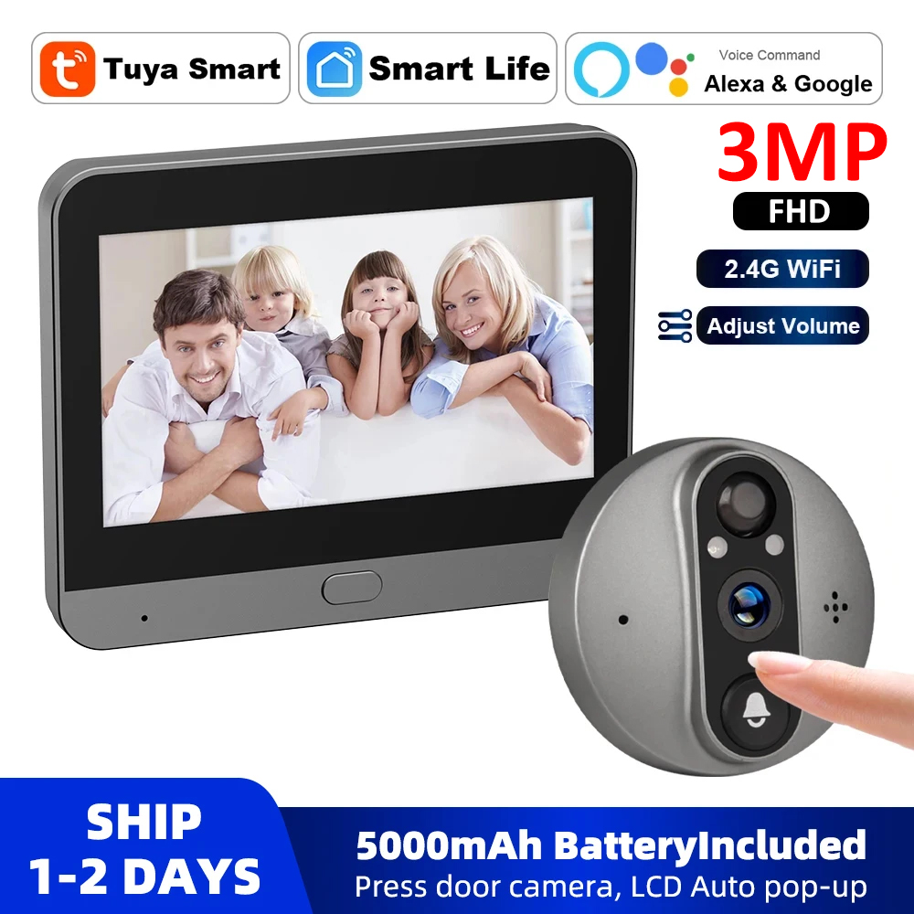 Smart Home Video Doorphone Ezviz - 3MP スマート-ホームセキュリティカメラ,のぞき穴ドアベル,赤外線カメラ,Alexa, Googleビデオインターホン,Wi-Fi, 2.4g,5000mah