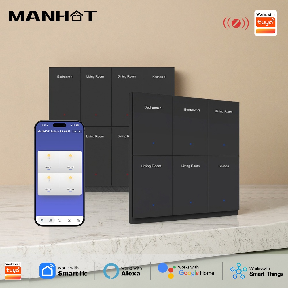 Smart Home Button - Manhot DIYネームスイッチZigbeeスマートディスプレイ画面ブラックプッシュボタンライトスイッチ、Tuya、Alexa、Google Homeの音声制御に対応