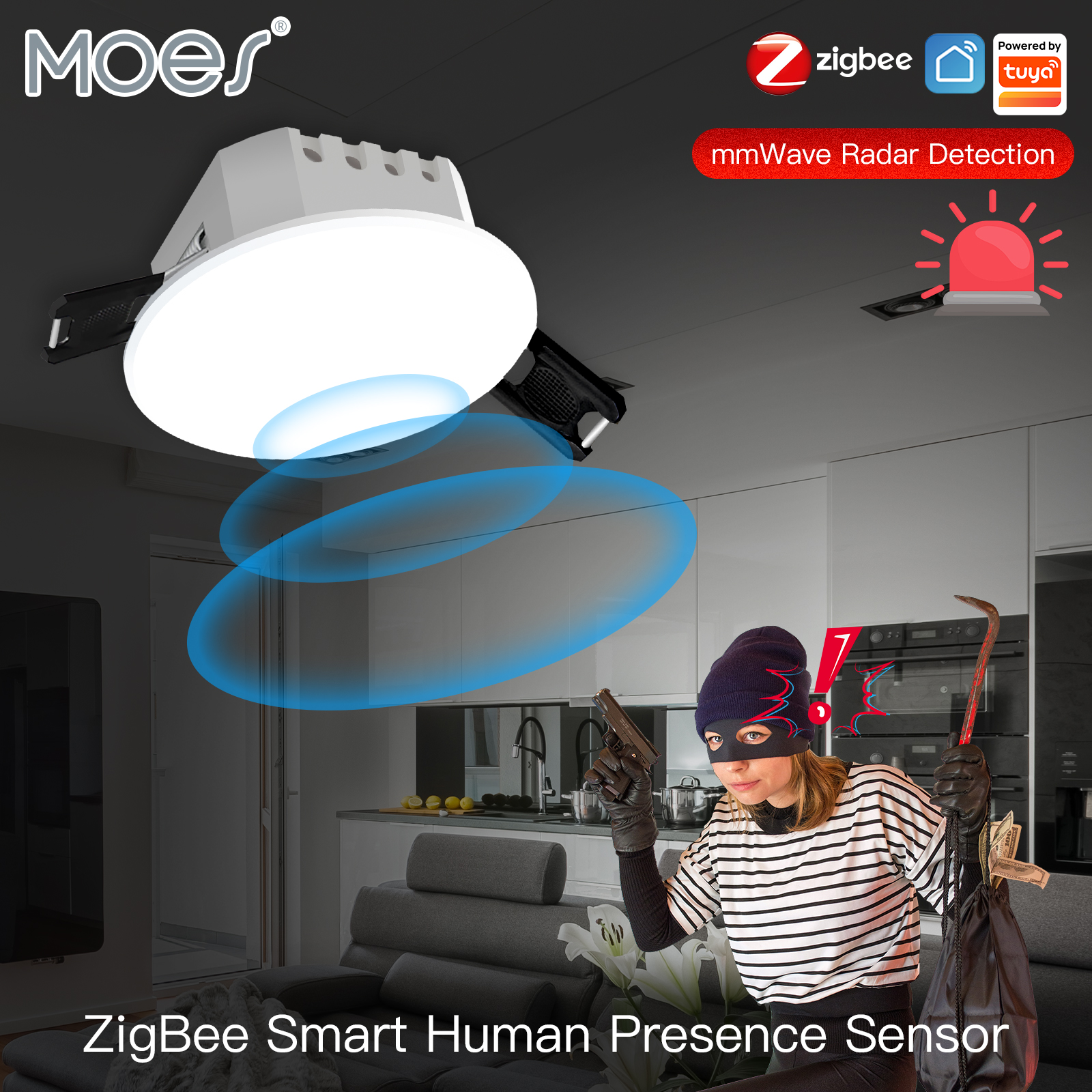 Smart Home Moes - Tuya-インテリジェントな人間の存在検出器,2 in 1レーダー検出器,家庭用または屋外用の幾何学的なセンサー