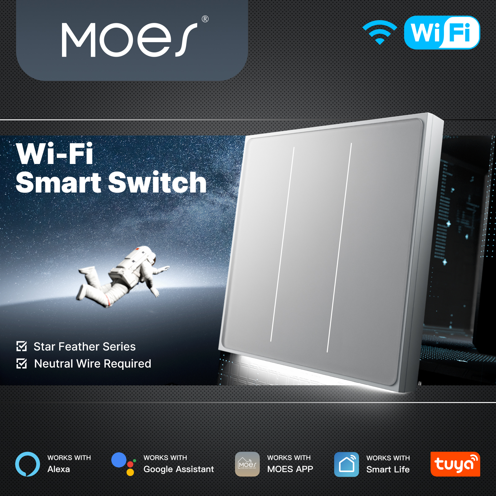 Smart Home Button - MOES Tuya WiFiスマートスターフェザースイッチ EUエアタッチ ニュートラルライトシーン 2in1