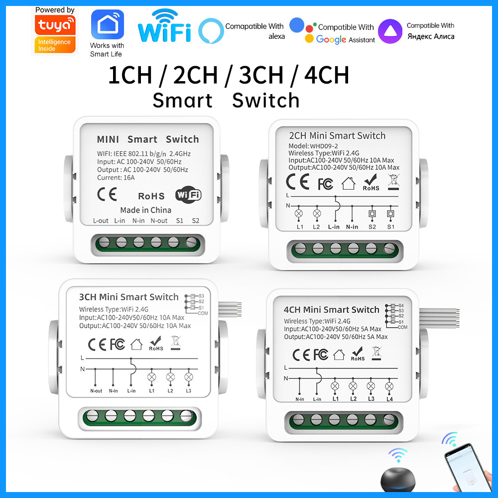 Smart Home Voice Assistant - Tuya WiFiスマートスイッチ 1/2/3/4連 4方向ミニスマートライトブレーカー Smart Life、Alexa、Google