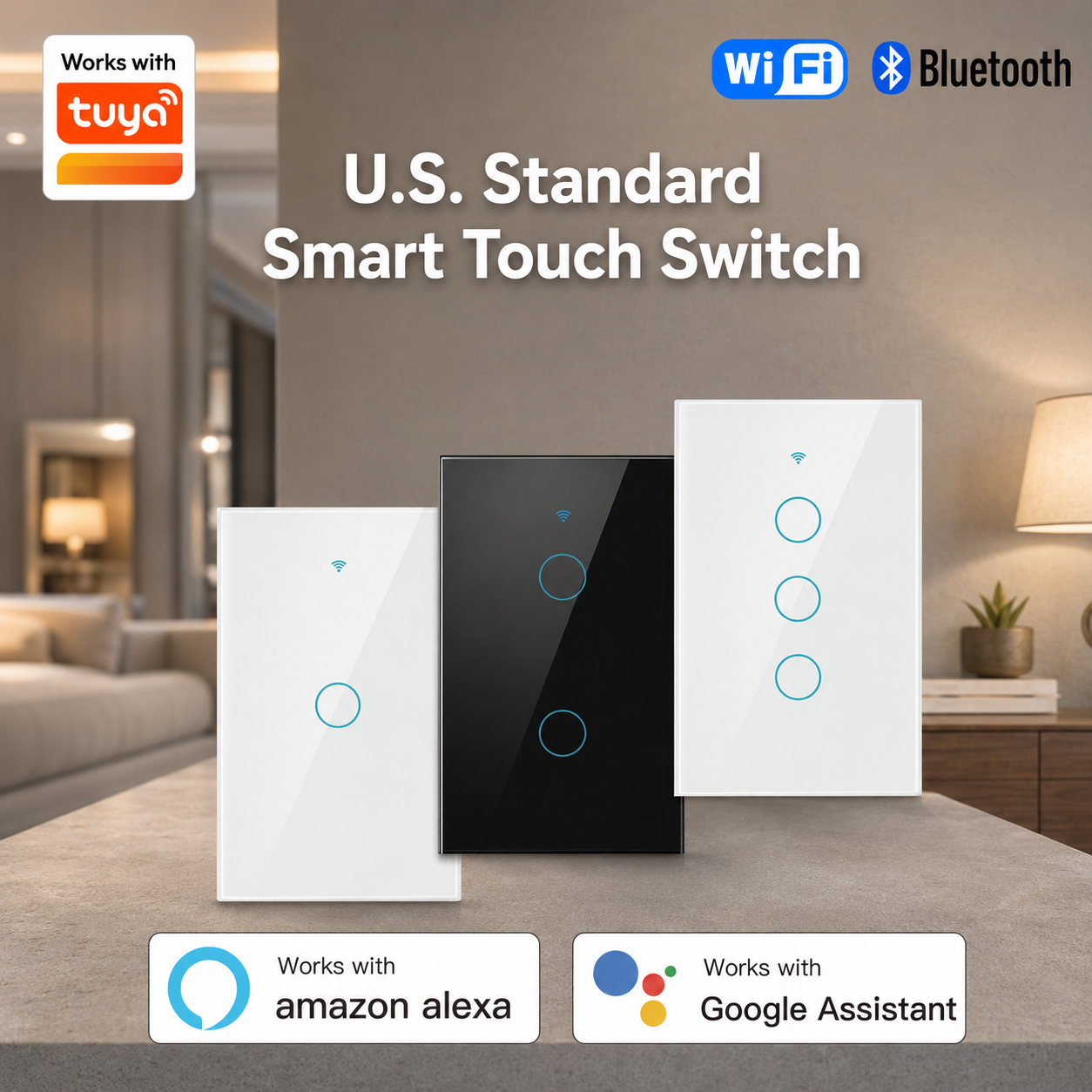 Smart Home Button - Tuya米国仕様タッチスイッチ、リモコン、音声コントロール、Wi-FiおよびBluetooth接続、スマートホームに最適