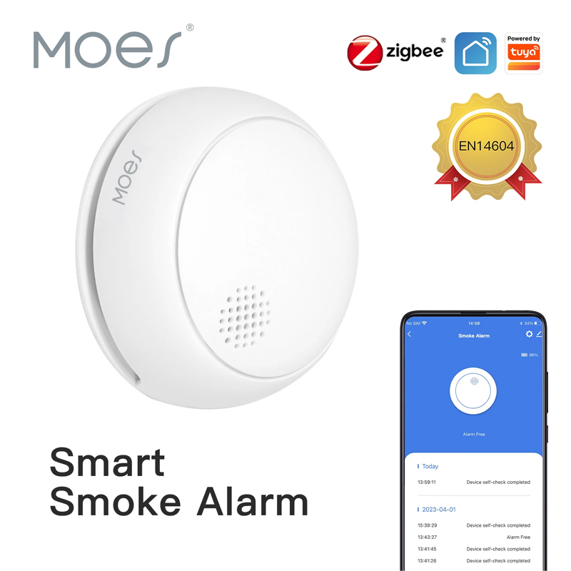 Smart Home Moes - MOES ZigBee スマートワイヤレス煙探知機火災 85dB サウンドアラームサイレンセンサースマート安全保護ホームキッチン火災アプリアラート