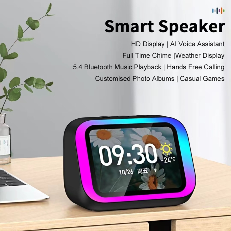 Smart Home Display - AI音声アシスタント Bluetoothスピーカー RGBカラー照明付き目覚まし時計 LEDスクリーン天気時計表示 電子スピーカー