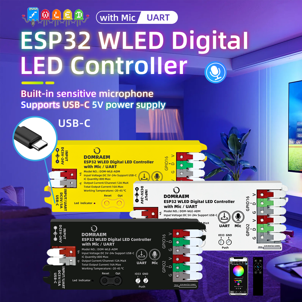 Wifi Led Dimmer - DOMRAEM ESP32 WLED USB-C アドレス指定可能なLEDコントローラー、音楽マイク/UART対応、WS2814/12B RGB