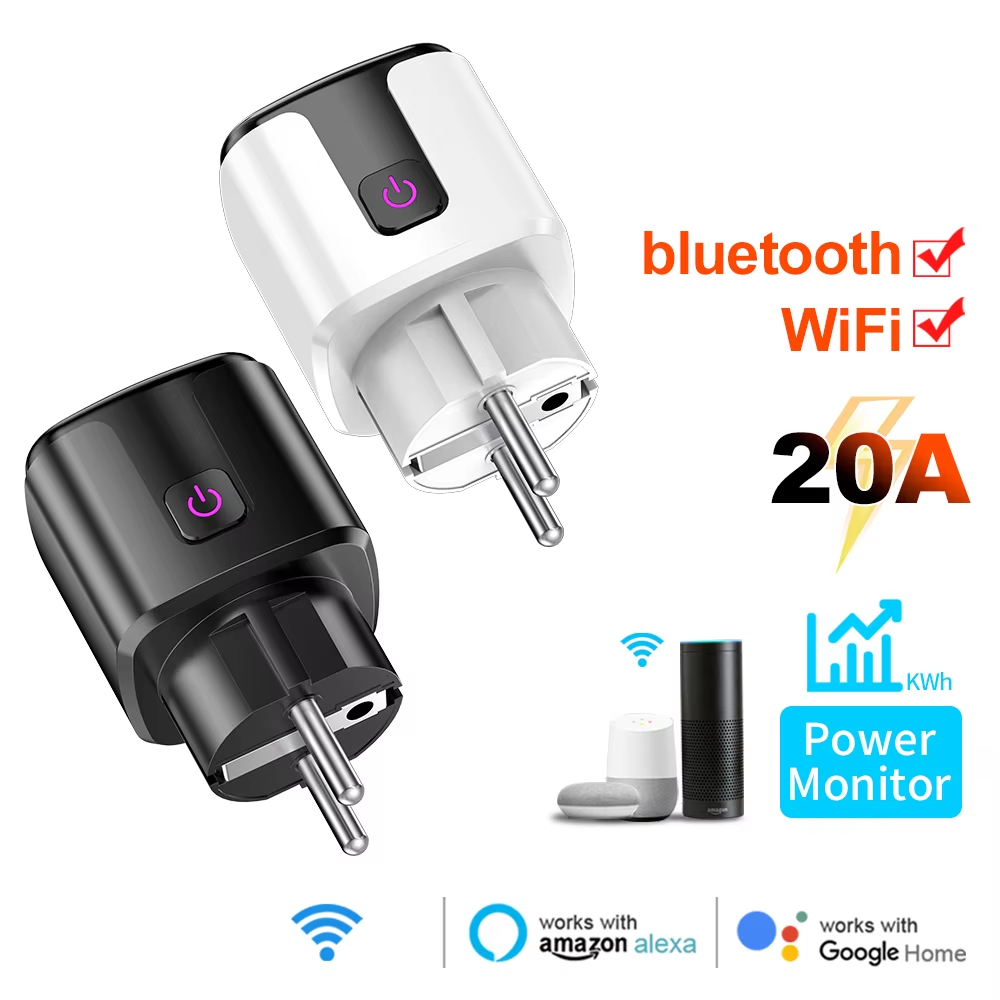 Smart Home Voice Assistant - スマート 20A EU プラグ WiFi+Bluetooth ソケット、電力監視タイマー付きコンセント、音声制御、Tuya