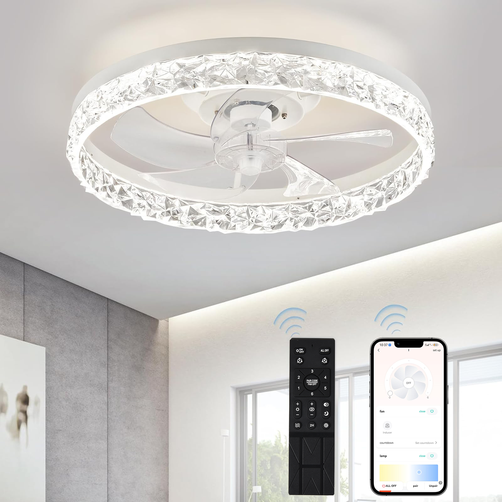 Smart Home Interior - リモコン付きのモダンなLEDシーリングファン,インテリジェントLmap,リビングルーム,ベッドルーム,レストラン,白黒の照明,ホームインテリアライト