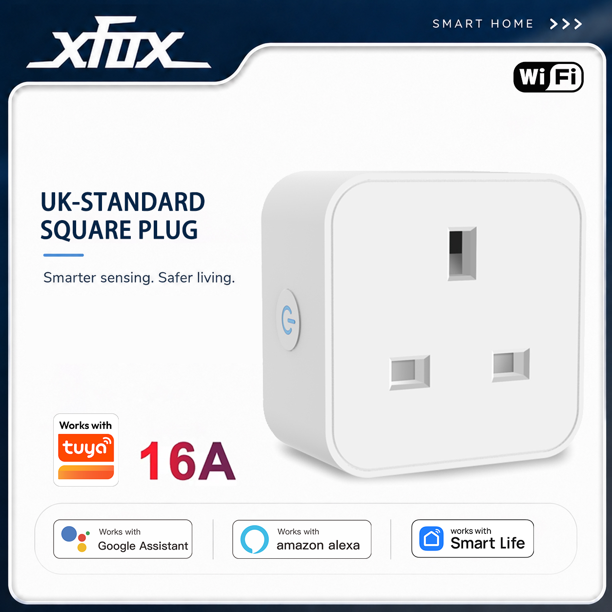 Smart Home Voice Assistant - Xfox Tuya UK規格スマートスクエアプラグ16Aは音声制御とリモートコントロールをサポートし、GoogleアシスタントとAlexaに対応しています。
