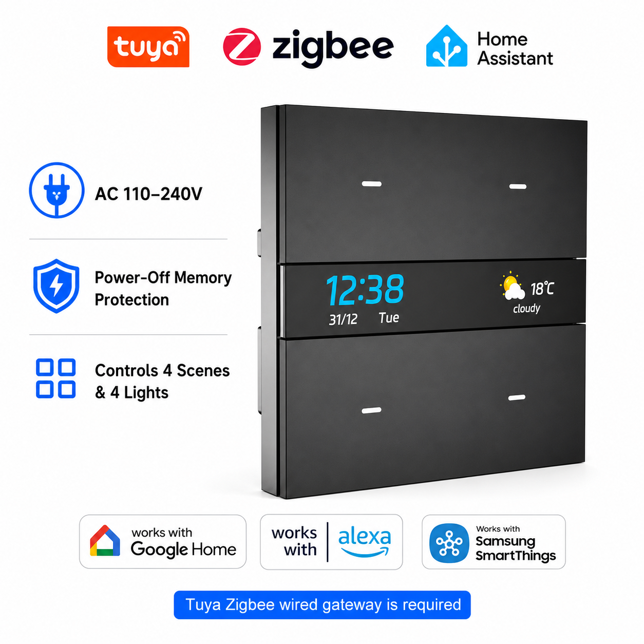 Smart Home For Living - M8 Pro Zigbeeスマートスイッチパネル 4連 Tuyaインテリジェントウォール電気ライトスイッチ 音声アプリ制御