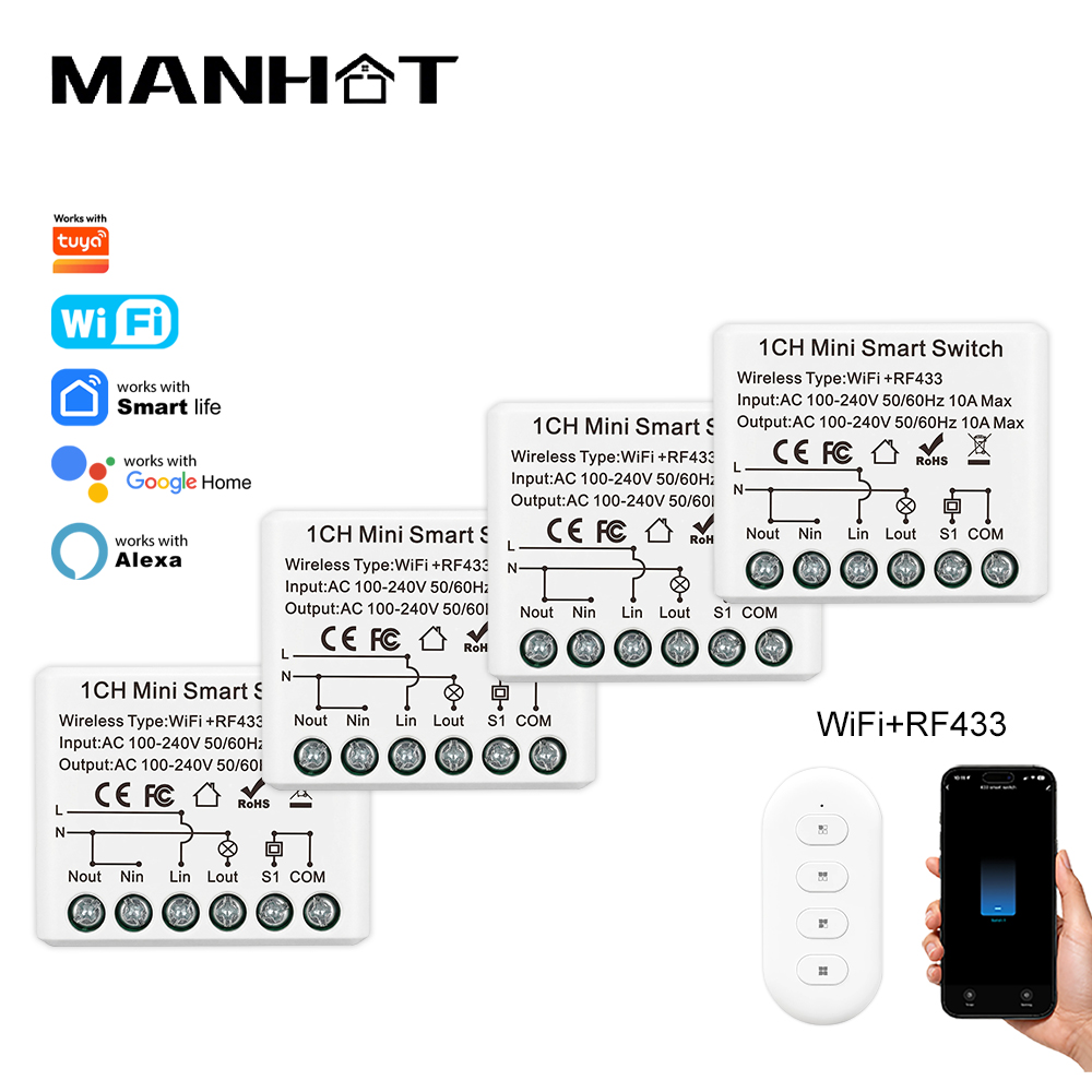 Smart Home Voice Assistant - 10A ミニ WIFI スマートスイッチ RF433Mhz ワイヤレスリモコンライトリレーブレーカー音声制御ホームオートメーションワーク