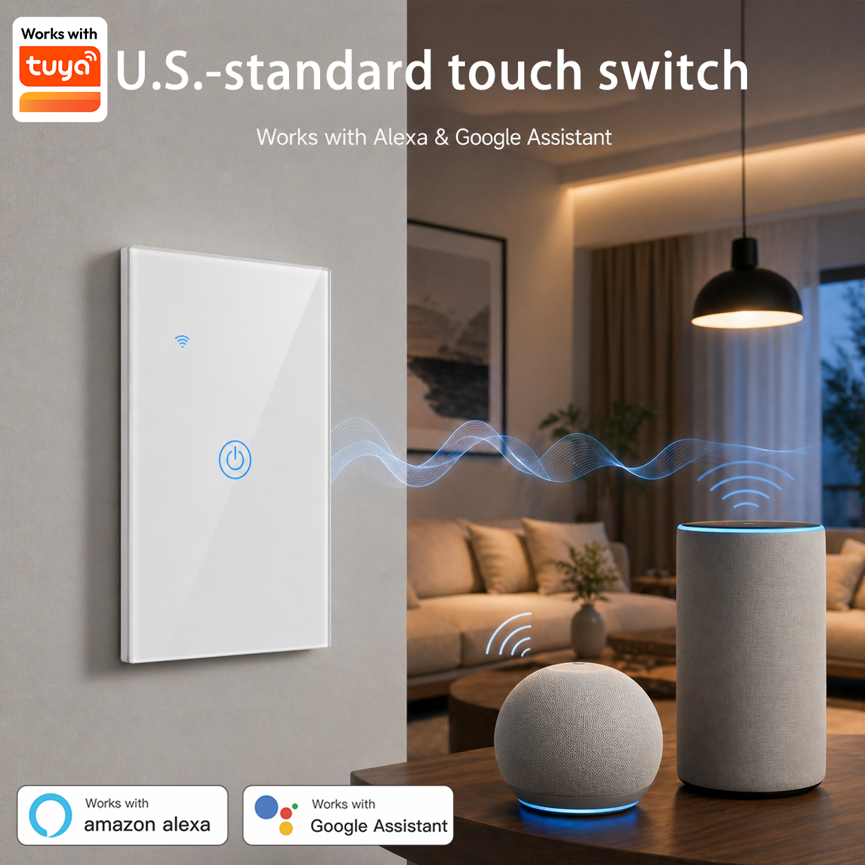 Smart Home Button - Tuya米国標準タッチライトスイッチ Wi-Fi Bluetooth ワイヤレス タッチ音声制御ウォールスイッチ スマートホームオートメーション