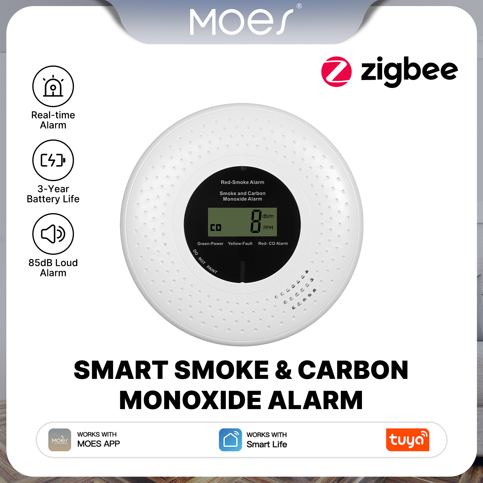 Smart Home Moes - MOES Tuya Zigbee スマート煙一酸化炭素警報器 85dB サウンドサイレンセンサー