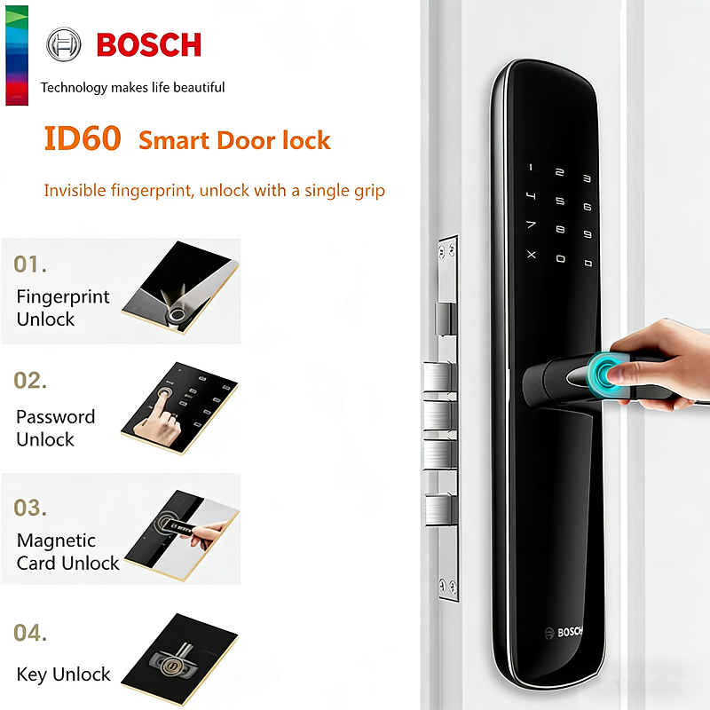 Smart Home Bosch - ボッシュ ID60 指紋ロック 家庭用セキュリティ用スマート電子ロック、カードとパスワードアクセス付きデジタルドアロック