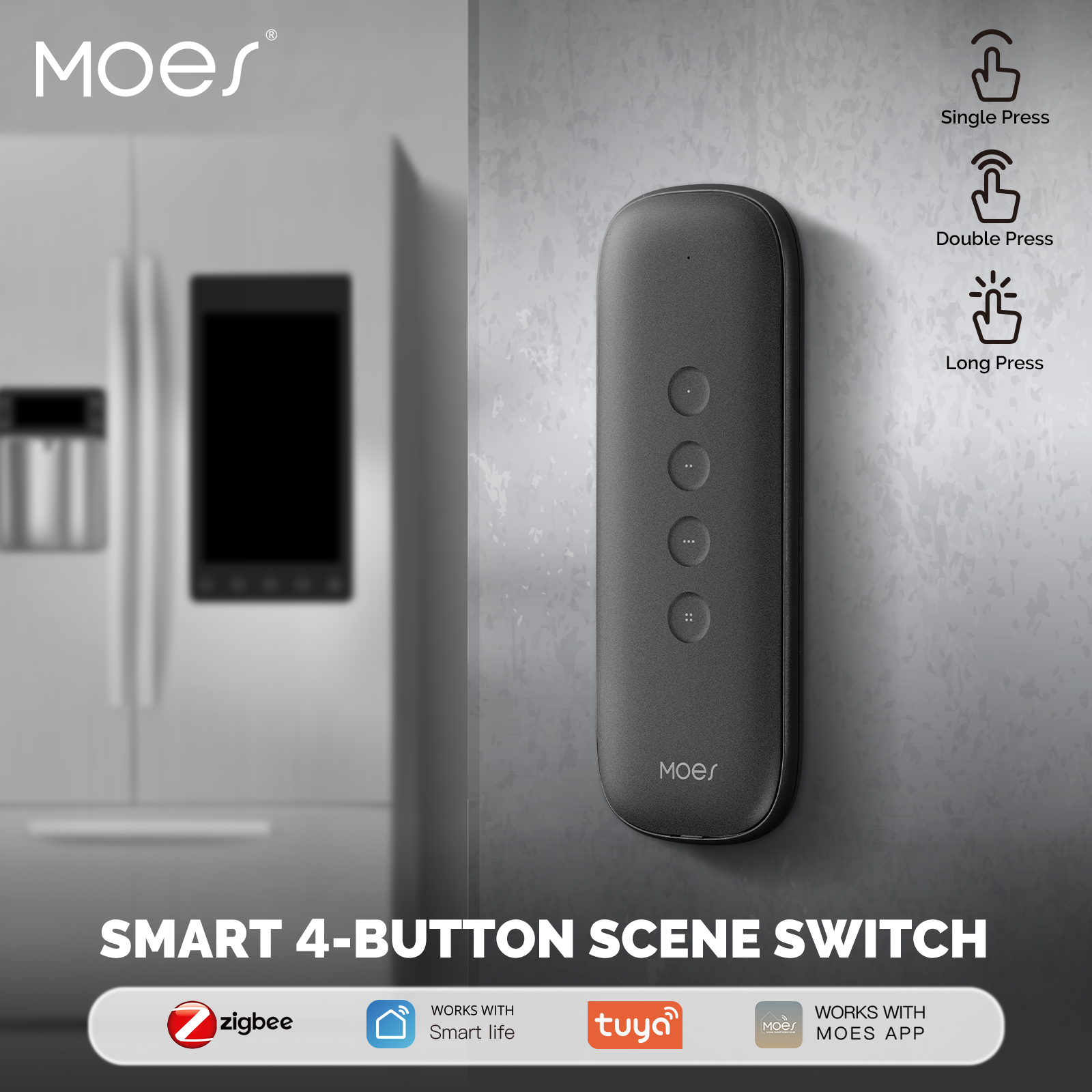Smart Home Moes - ポータブルワイヤレスリモコンスイッチ,ライトデザイン,バッテリー駆動,Tuya,Zigbee,スマートシーン,12シナリオ,4ボタン,自動化