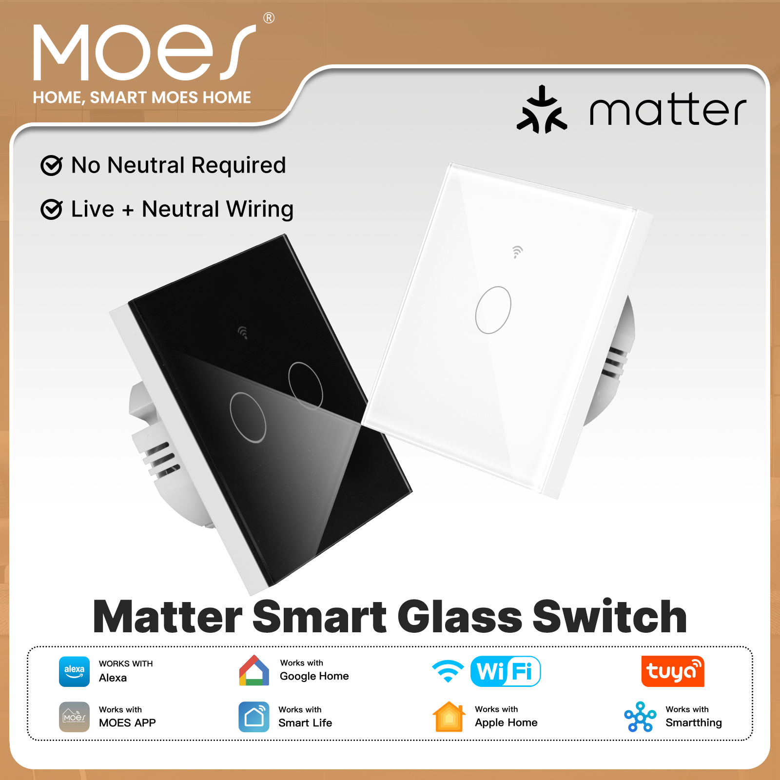 Smart Home Moes - MOES Tuya Matter WiFiスマートライトガラスタッチスイッチ、ニュートラル配線不要、Alexa、Google Homekit、Apple SmartThings対応