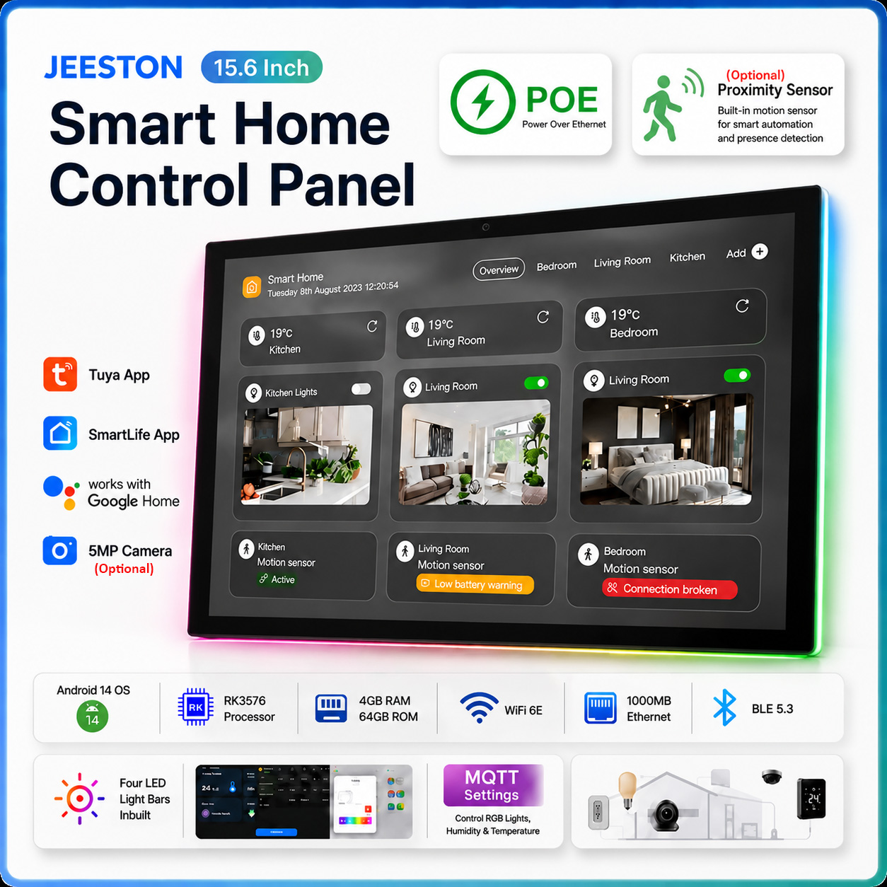 Smart Home Touchscreen Control Panel - 15.6インチ壁掛けスマートホームコントロールタッチパネル Android 14 RK3576 POE 4G+64G、リレー内蔵LEDライトバー、Google